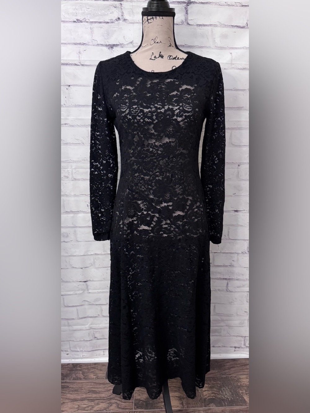 Nicole Miller NY Med Black Sheer Long Sleeve Lace Maxi Dress Grunge Whimsigoth